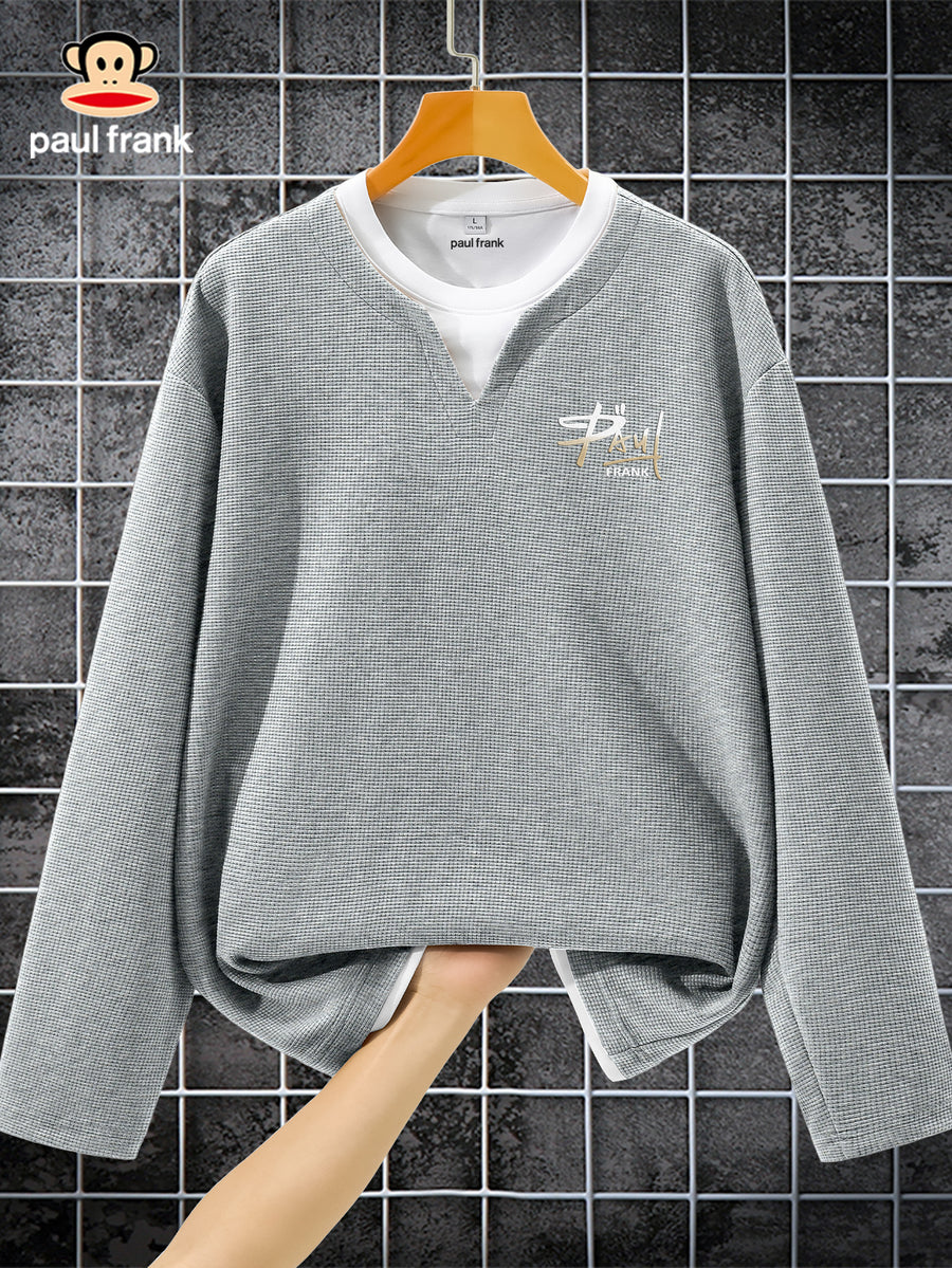 Paul Frank Men's Waffle Knit 2-in-1 Look Spring/Autumn Long Sleeve T-Shirt with Two-Tone Letter Print - Gray