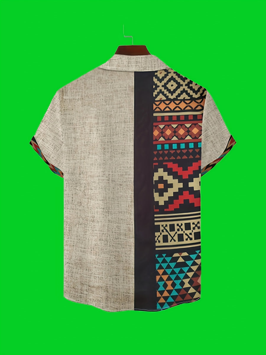 [Printed Design - Not Textured] 2026 Men's Fashion Shirt, Khaki Color, Stylish Casual Ethnic Tribal Totem and Music Note Symbol Pattern Print, Party and Outdoor Wear Top Shirt, Collared Short-Sleeve Casual Shirt - Mixed colors