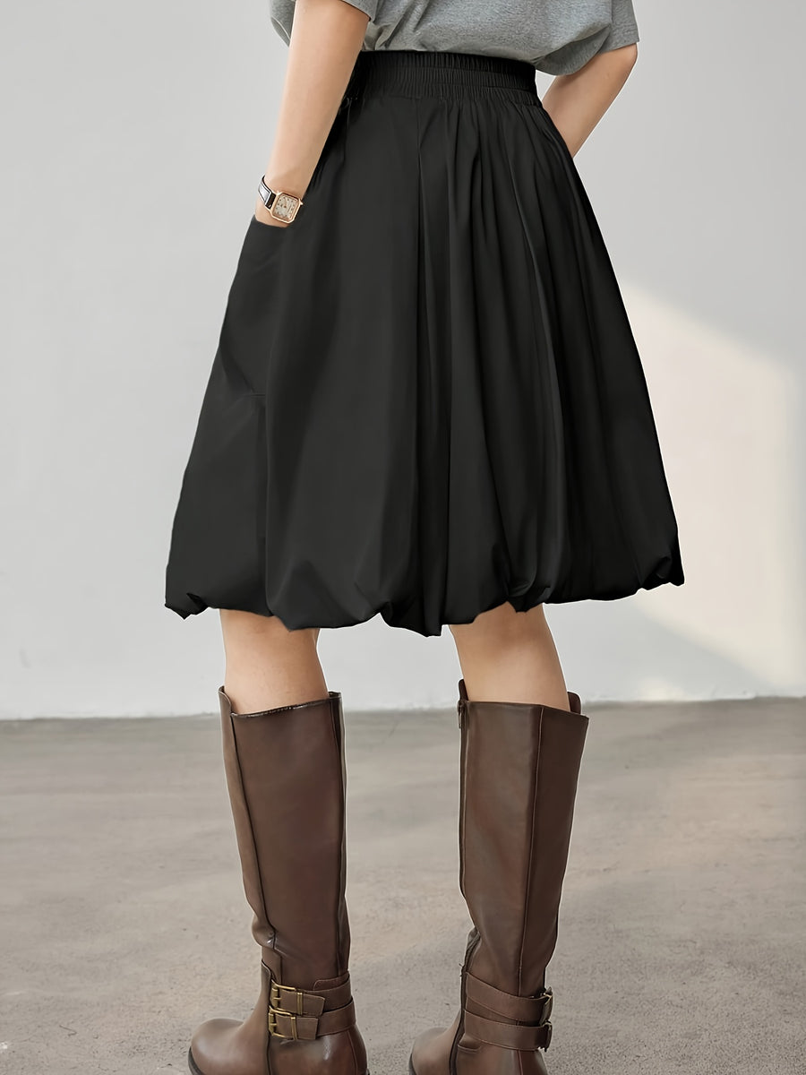 Women'S Elegant A-Line Skirt Solid Color Ruffled Hem - Black