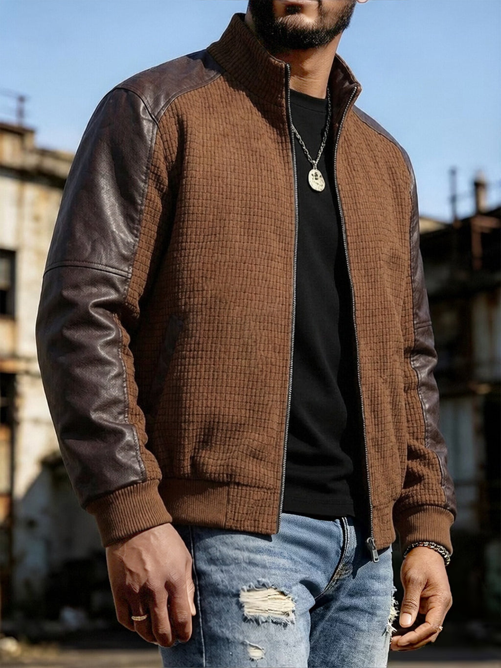EXARUS American Retro Stand Collar Patchwork Jacket Men'S Spring Autumn Style, Waffle Checkered with Drop Shoulder Cargo Coat, Western Street Casual Zipper Baseball Top. 3D Textured Fabric, Smooth Full Zip Closure, Brown And Gray Available - Light Brown-1