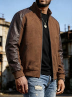 EXARUS American Retro Stand Collar Patchwork Jacket Men'S Spring Autumn Style, Waffle Checkered with Drop Shoulder Cargo Coat, Western Street Casual Zipper Baseball Top. 3D Textured Fabric, Smooth Full Zip Closure, Brown And Gray Available - Light Brown-1