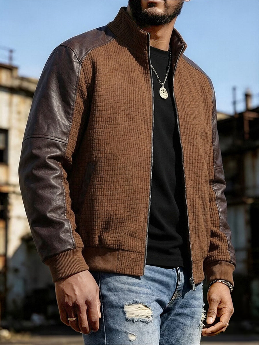 EXARUS American Retro Stand Collar Patchwork Jacket Men'S Spring Autumn Style, Waffle Checkered with Drop Shoulder Cargo Coat, Western Street Casual Zipper Baseball Top. 3D Textured Fabric, Smooth Full Zip Closure, Brown And Gray Available - Light Brown-1