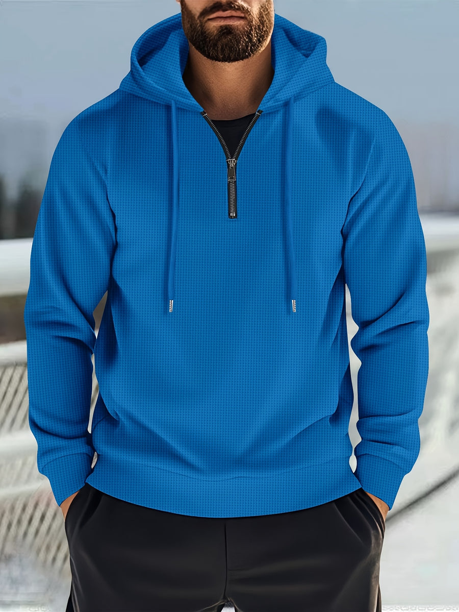Men's Solid Color Waffle Knit Half-Zip - Lightweight Breathable Half-Zip Hoodie, Long Sleeve Casual Pullover Suitable for Streetwear, Travel, Spring & Autumn Layering, Waffle Texture - Royal Blue