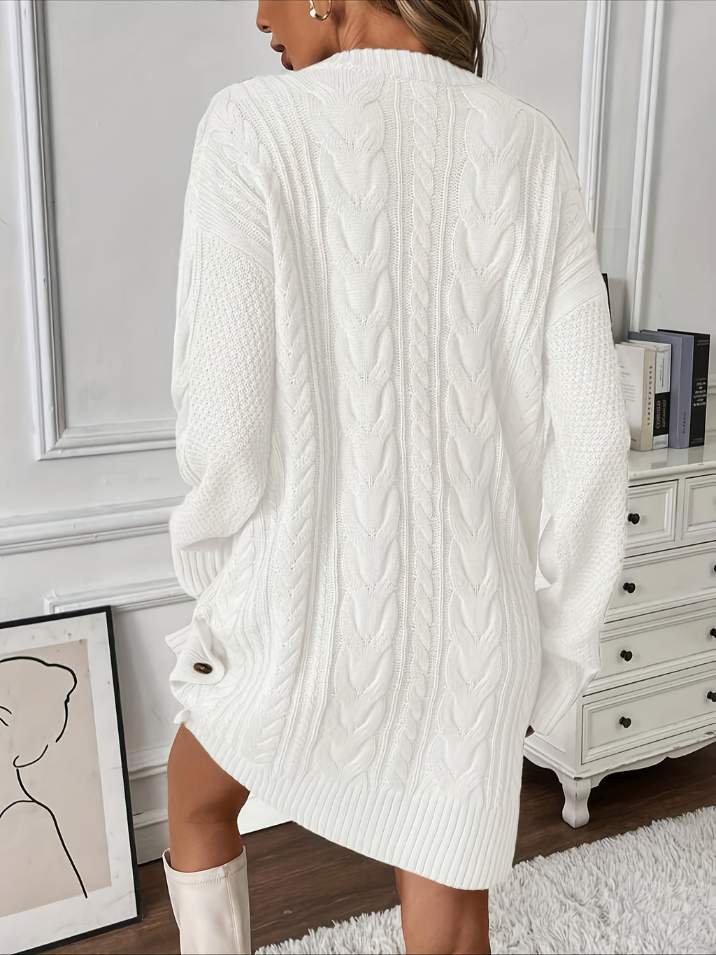 White Loose Twist Dress, Round Neck Long Sleeve, Side Button Slit Design, Comfortable and Warm, Fashionable Casual Style, Mid-Length for Elegant Appearance - White