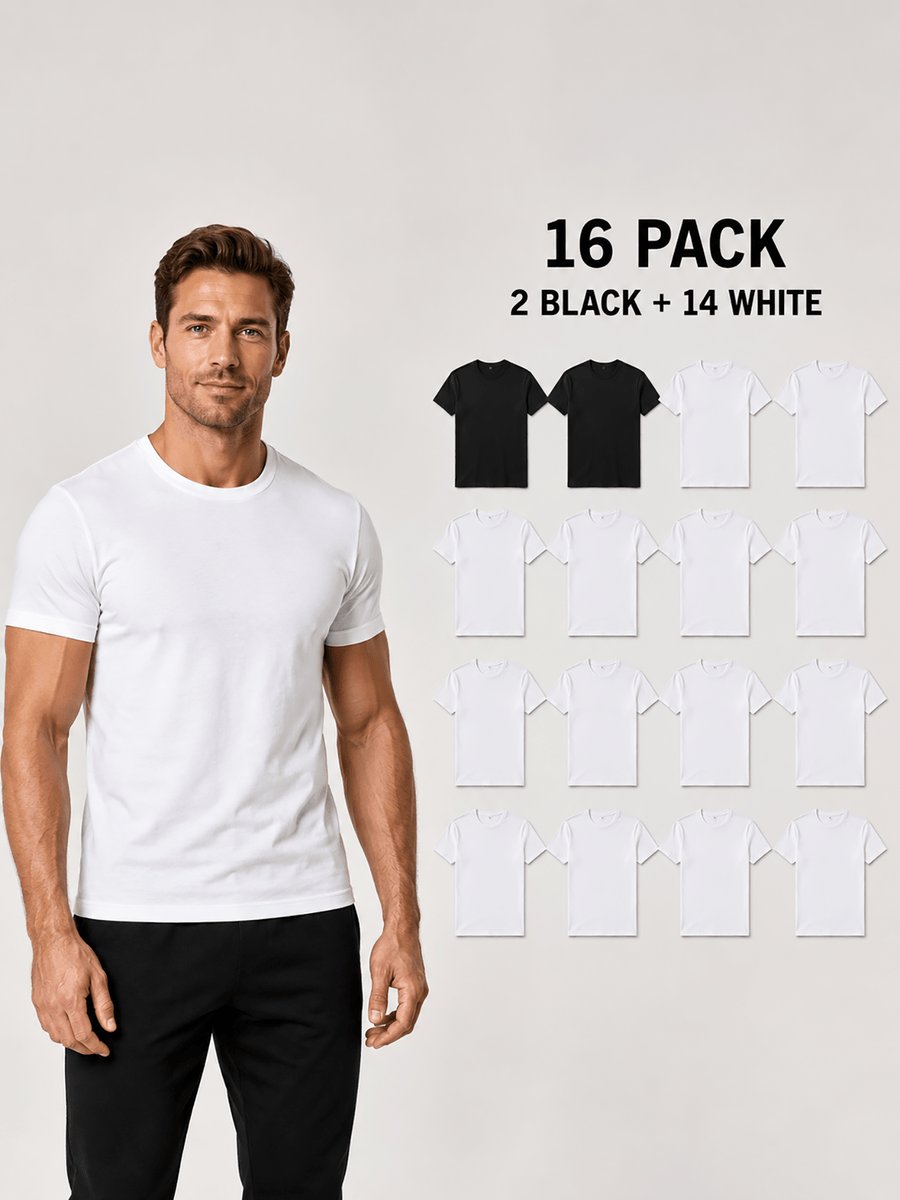 16pcs Men'S 100% Round-Neck Solid Color Short-Sleeve T-Shirts, Black And White, Soft And Breathable Basic Undershirts, Suitable for Daily Casual Wear, Sports, And Outdoor Wear - 2 Black 14 White 16 Pack