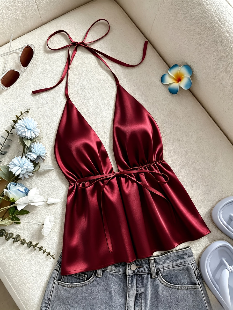 1pc Solid Color Spring Summer Beach Vacation Casual Satin Ruffled Cami Top - Burgundy