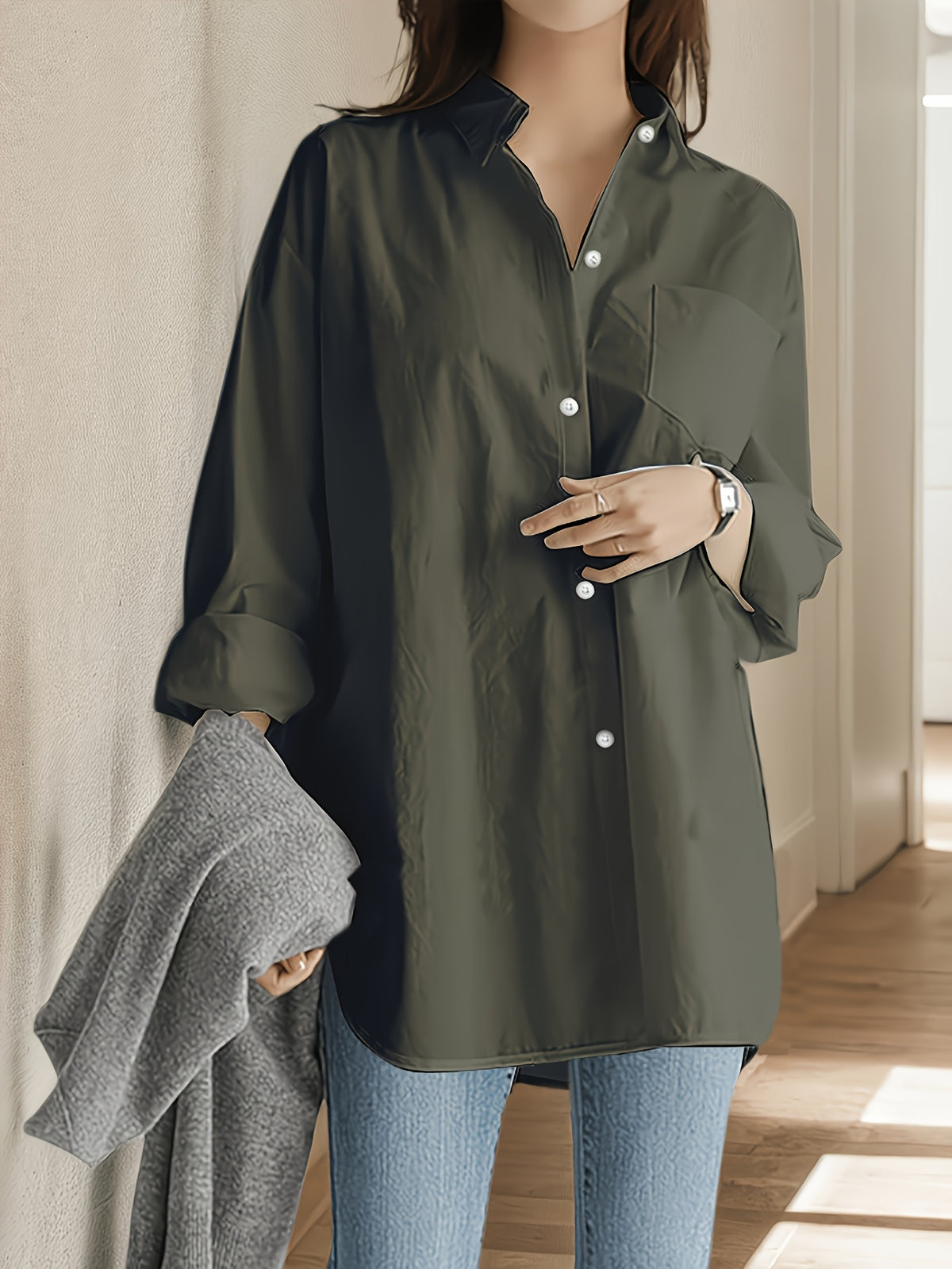 Ladies Loose Holiday Spring Autumn Long Sleeve Office Shirt - Olive Green