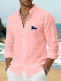Men'S Casual Stand-Collar Button-Up Long Sleeve Shirt, Faux Linen Skin-Friendly Soft Breathable, Geometric Steed Print Top, Suitable for Beach Activities, Island Vacation Style And Party Casual Commute, Comfortable Texture for Casual Men'S Wear - Light Pink Color