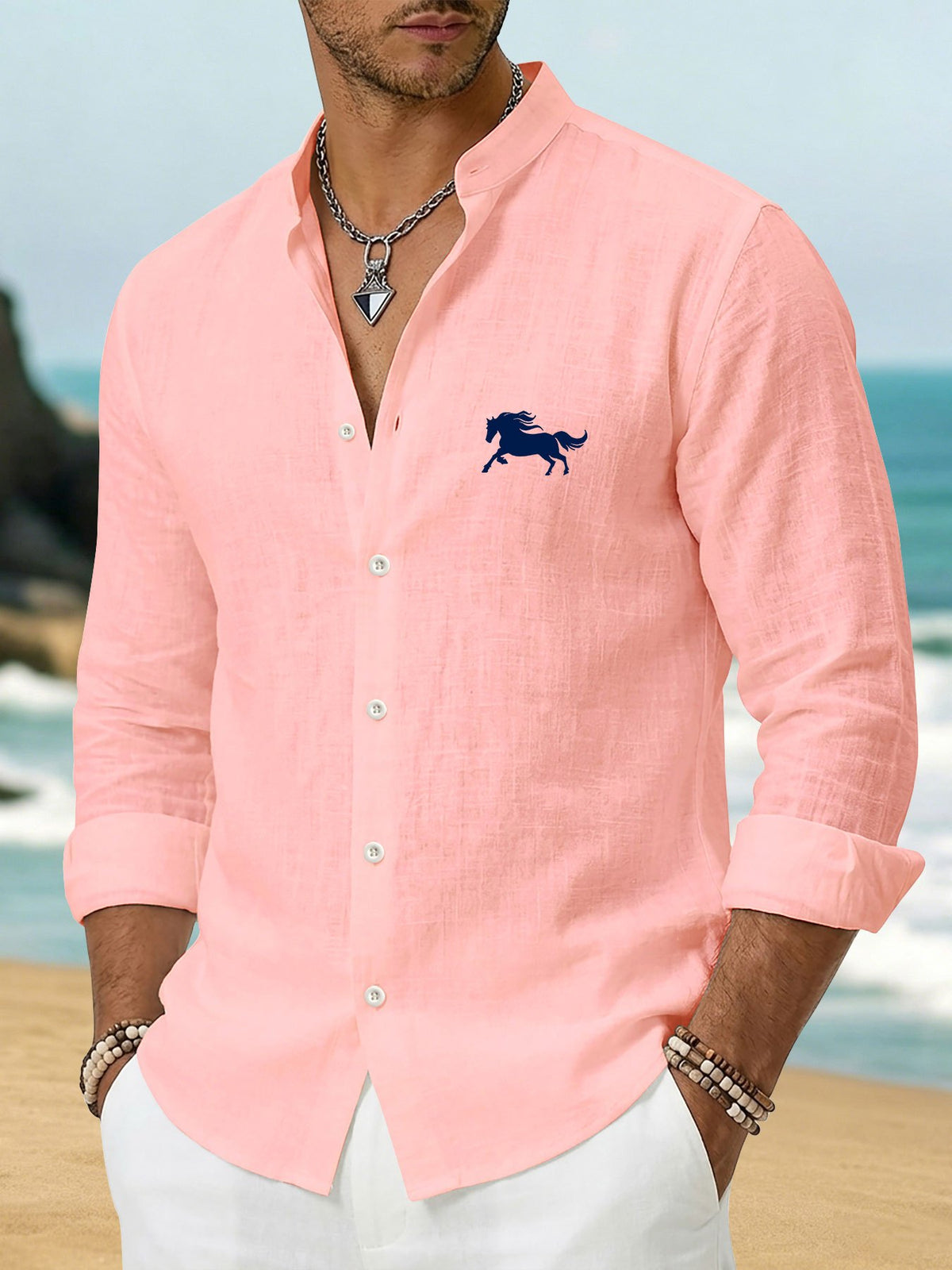 Men'S Casual Stand-Collar Button-Up Long Sleeve Shirt, Faux Linen Skin-Friendly Soft Breathable, Geometric Steed Print Top, Suitable for Beach Activities, Island Vacation Style And Party Casual Commute, Comfortable Texture for Casual Men'S Wear - Light Pink Color