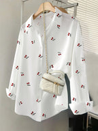 Women's Cherry Print Shirt, Long Sleeve, Simple Design, Drop Shoulder, Versatile Top for Spring, Summer, and Autumn - White