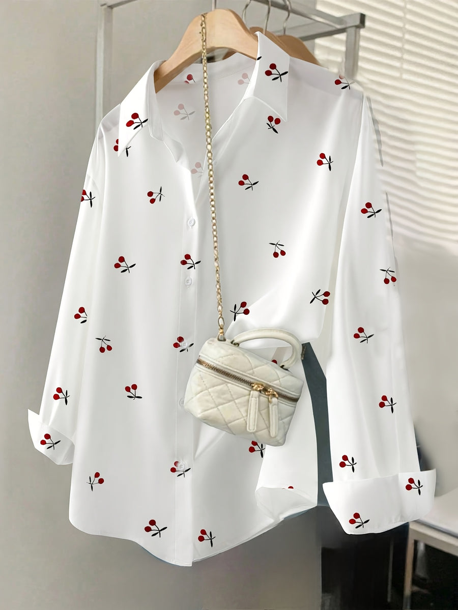 Women's Cherry Print Shirt, Long Sleeve, Simple Design, Drop Shoulder, Versatile Top for Spring, Summer, and Autumn - White