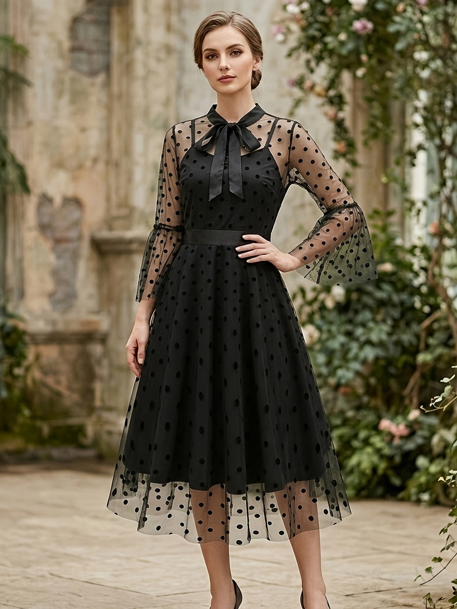 Vintage Mesh Embroidered Patchwork Mid-Sleeve Gothic Dark Evening Gown, for Gatherings, Parties, Dress, Evening Dress, Gown - Black Polka Dots