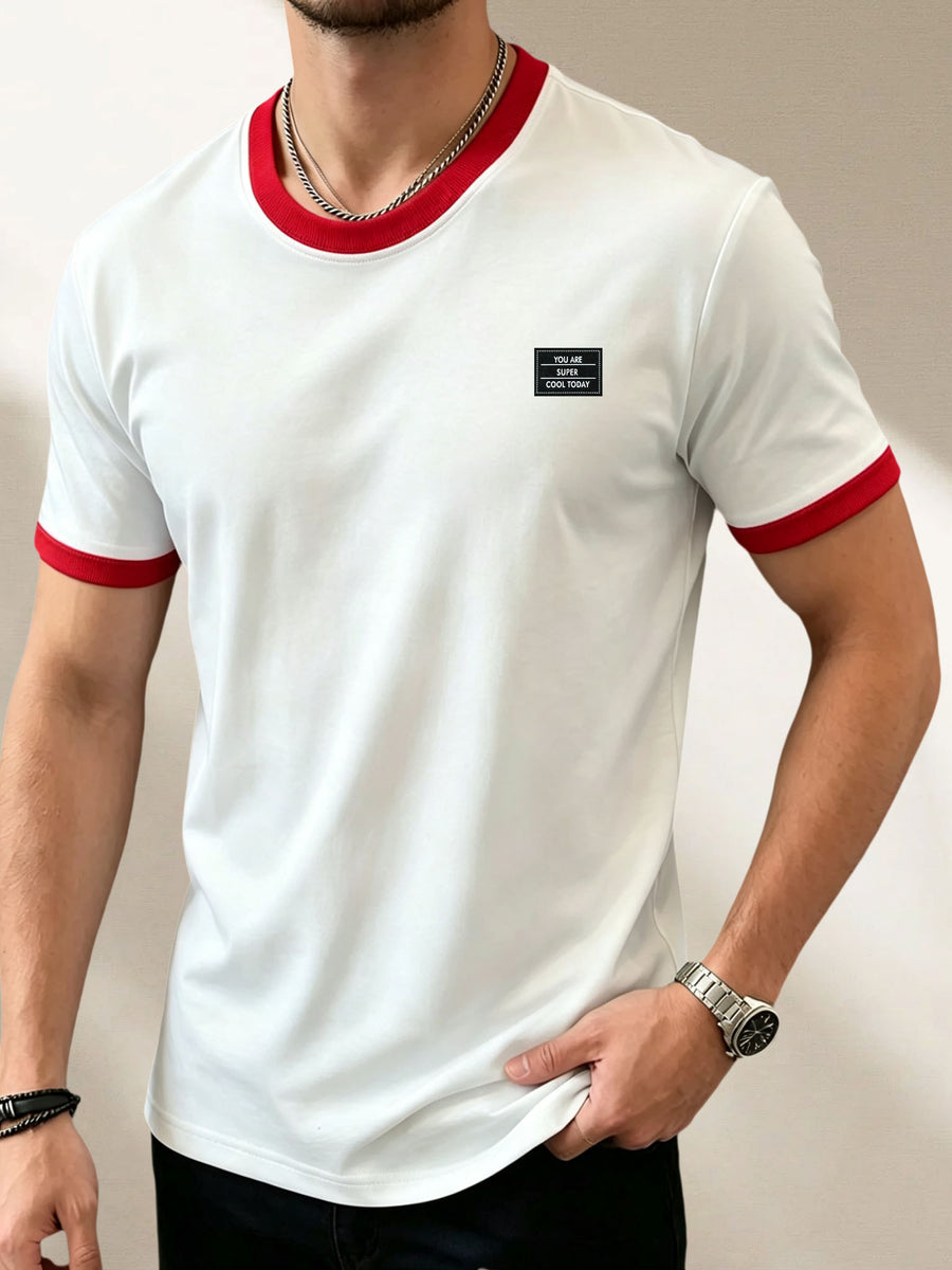 100%, Men'S Knitted Color-Block Round Neck Short-Sleeve T-Shirt, Summer Global All-Season Base Layer Factory Made Men'S Comfortable High-Fit Rate Casual Sports Contrast Patchwork Top - White Fight Red