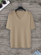 Men'S Loose-Fitting Short-Sleeve Pullover with a V-Neck And Dropped Shoulders, Knit - Khaki