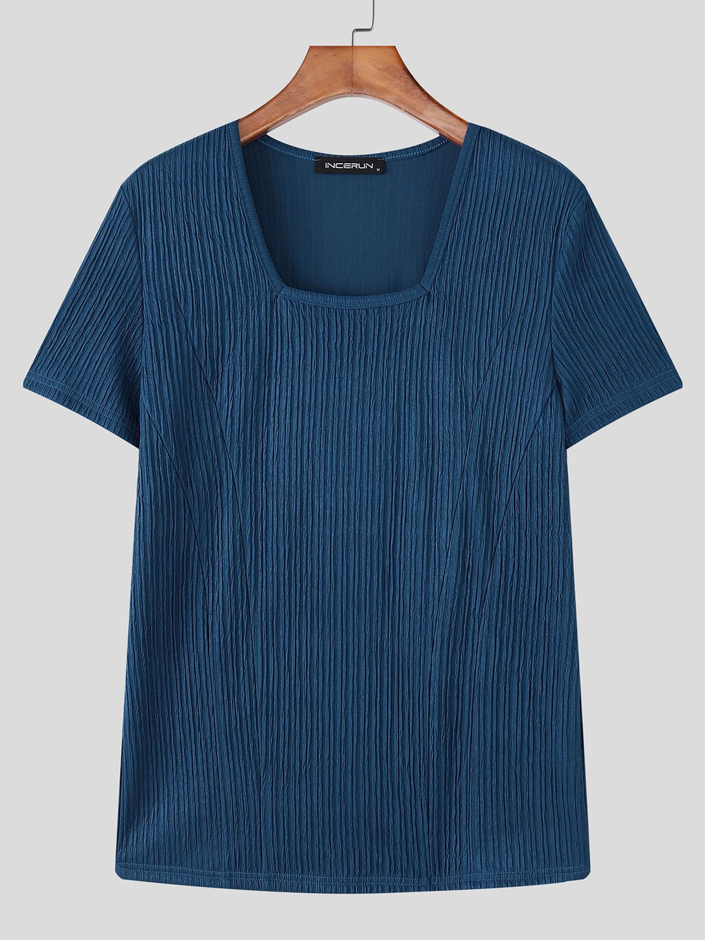 INCERUN Men Square Neck T-Shirt Short Sleeve Basic Tops Holiday Casual Solid Color Tops - Blue
