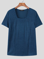 INCERUN Men Square Neck T-Shirt Short Sleeve Basic Tops Holiday Casual Solid Color Tops - Blue