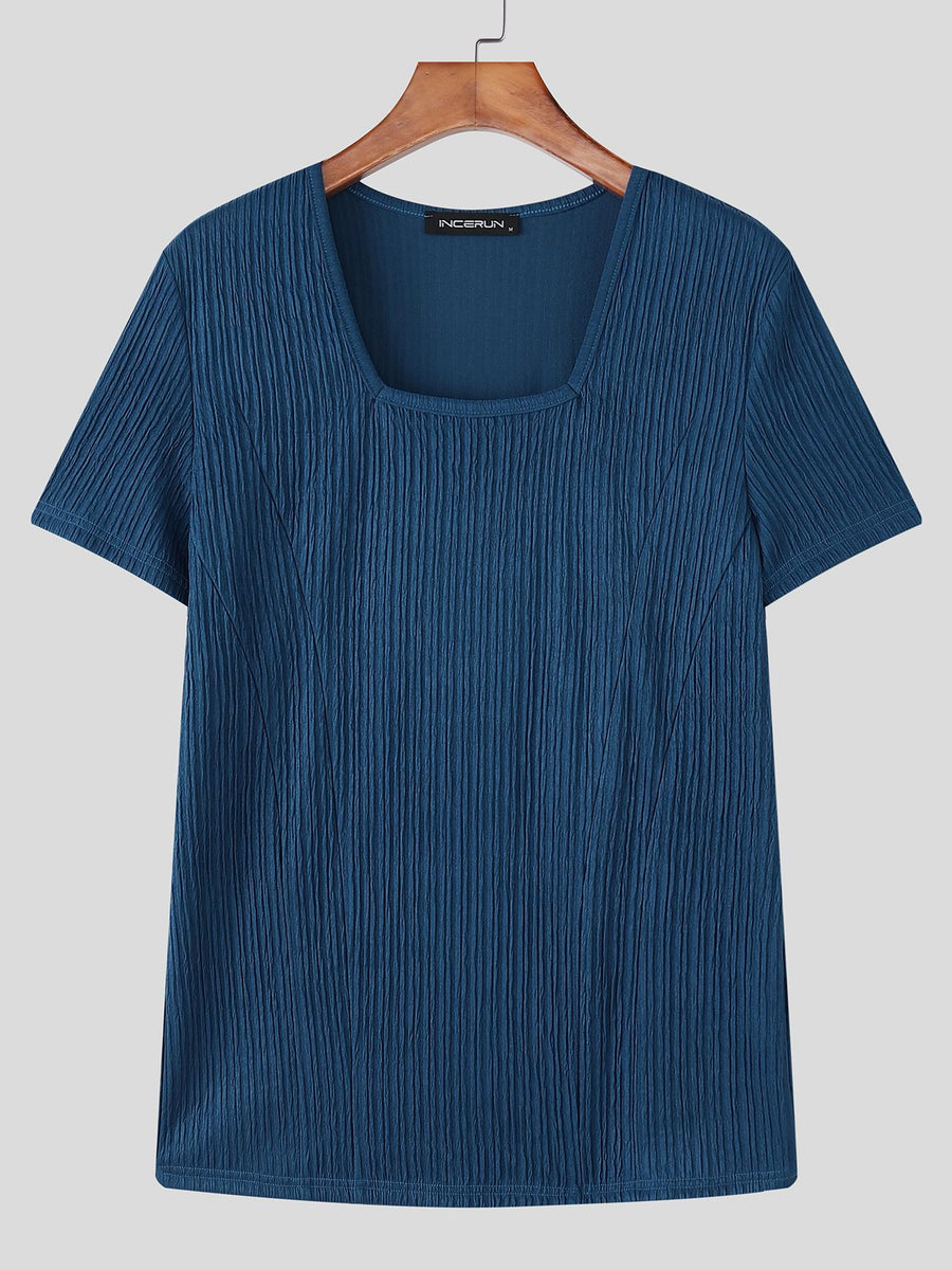 INCERUN Men Square Neck T-Shirt Short Sleeve Basic Tops Holiday Casual Solid Color Tops - Blue