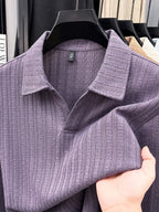 Mature Men'S Knit Long Sleeve Polo Shirt, Multi-Cable Design Heavyweight Style Multi-Color Available Textured Ribbed Fabric, V-Neck Long Sleeve Design, Delicate Vertical Ribbed Jacquard Texture, Light Mature Business Casual Style - Purple