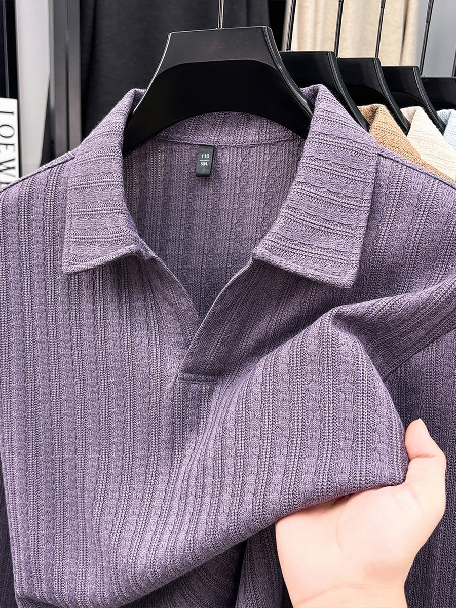 Mature Men'S Knit Long Sleeve Polo Shirt, Multi-Cable Design Heavyweight Style Multi-Color Available Textured Ribbed Fabric, V-Neck Long Sleeve Design, Delicate Vertical Ribbed Jacquard Texture, Light Mature Business Casual Style - Purple