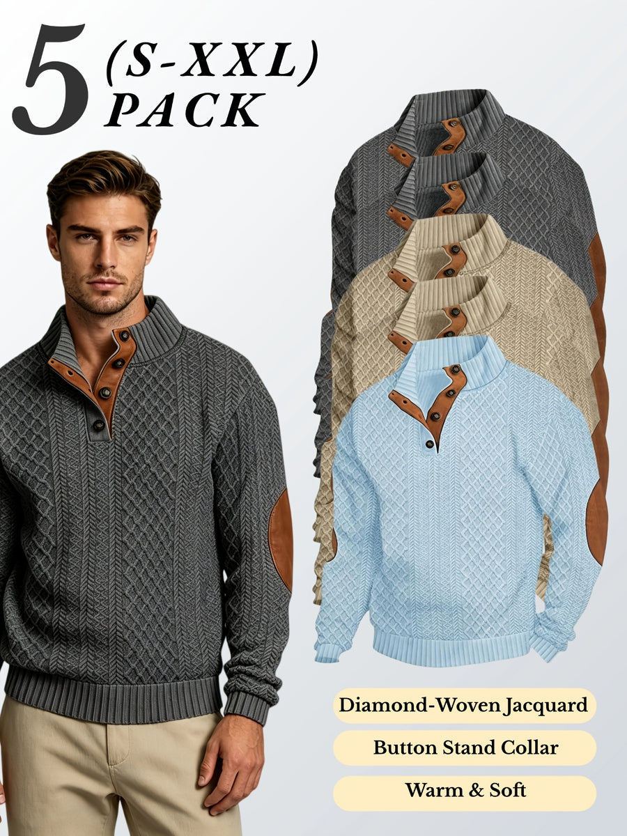 5pcs Set Men's Textured Jacquard Knit Vintage Casual Button-Up Stand Collar Long Sleeve Top, Versatile Basic Solid Color for Autumn/Winter Outings and Home Wear - Dark Gray 2 + Khaki 2 + Sky Blue