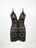 Plus-size Zippered Nightgown, Lace Trim Pajama Set, Lace Camisole Nightgown - Black