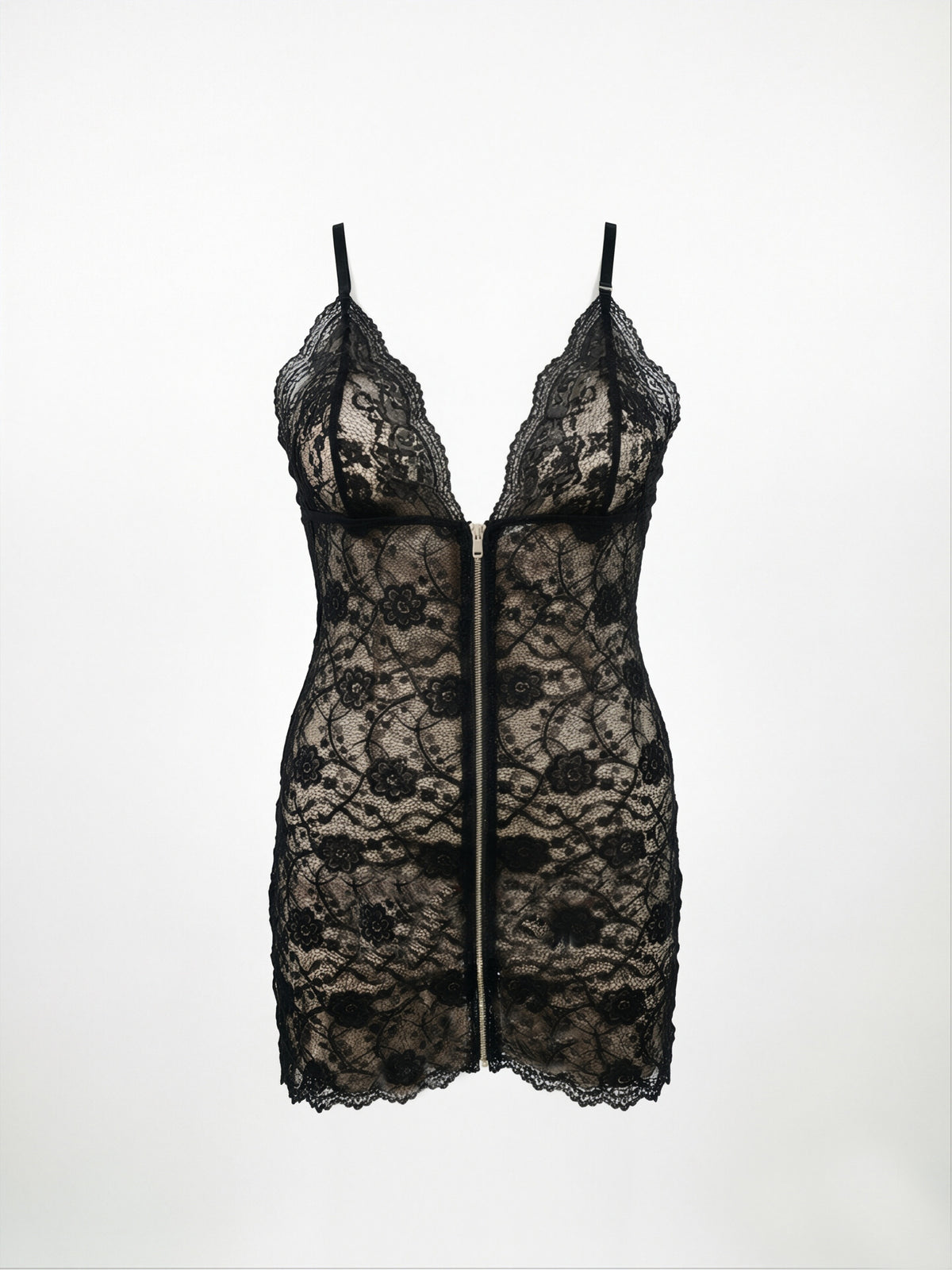 Plus-size Zippered Nightgown, Lace Trim Pajama Set, Lace Camisole Nightgown - Black