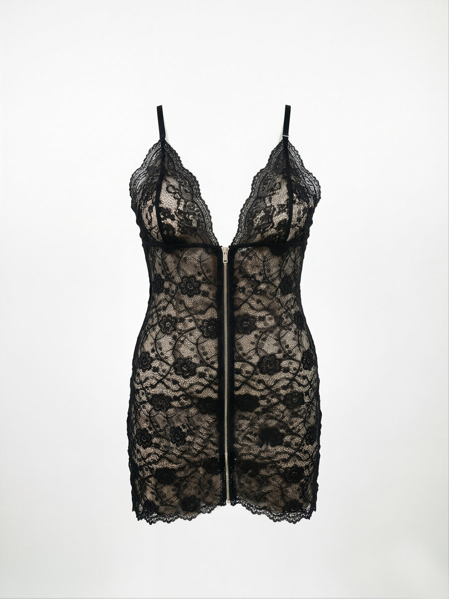 Plus-size Zippered Nightgown, Lace Trim Pajama Set, Lace Camisole Nightgown - Black