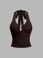 New Spring/Summer Style | Solid Color Halter Top | Slim Fit & Sexy | Elegant & Chic | Suitable for Vacation And Daily Wear - Coffee Brown