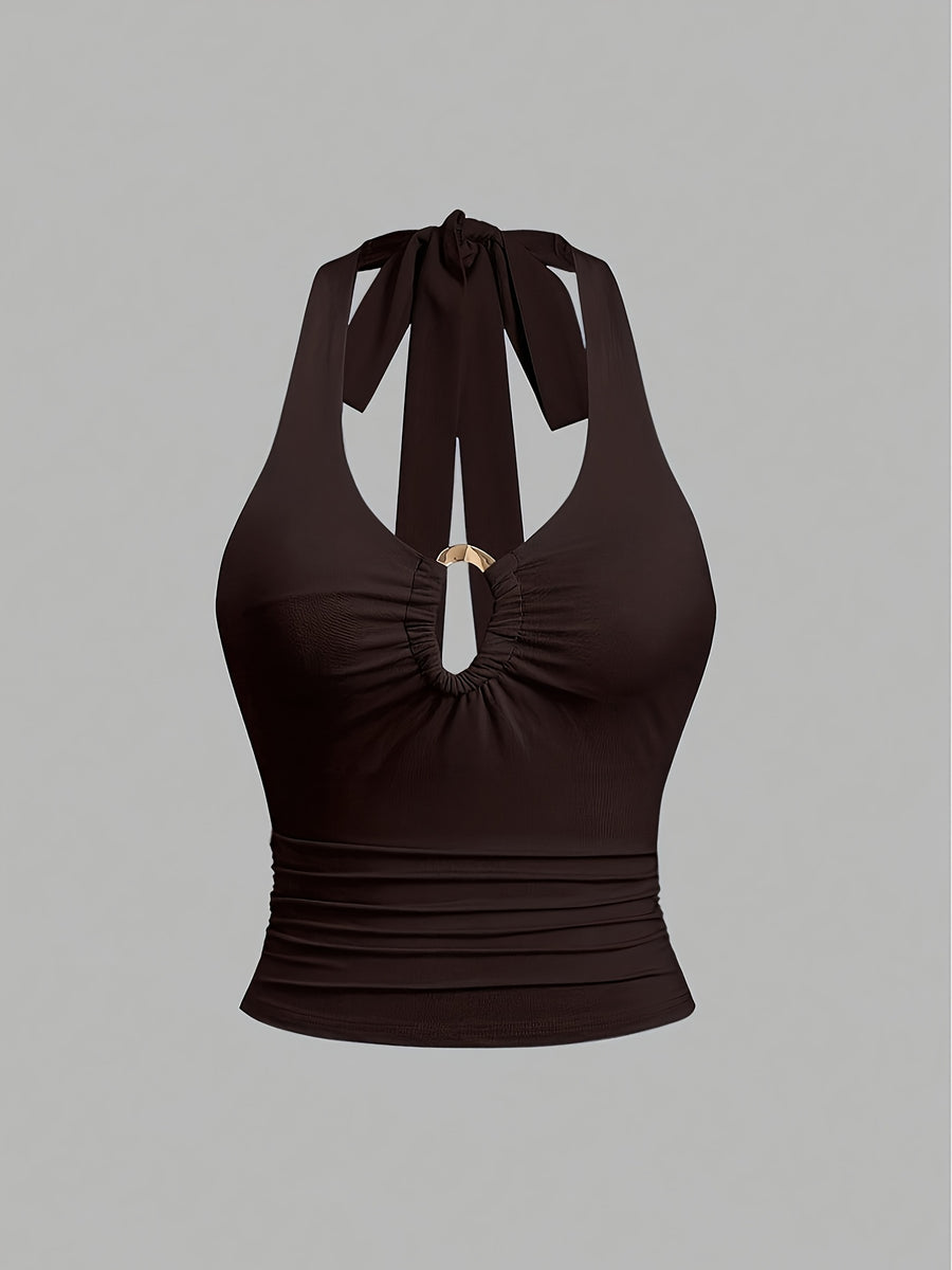New Spring/Summer Style | Solid Color Halter Top | Slim Fit & Sexy | Elegant & Chic | Suitable for Vacation And Daily Wear - Coffee Brown