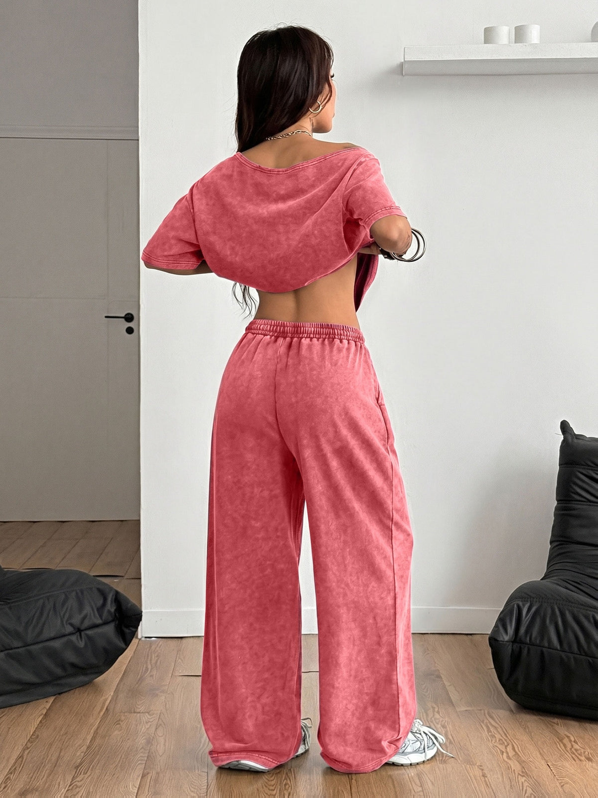 Trendy Red Cherry Letter Print New Spring/Summer Casual Jersey Sportswear, Street Sport Style Washed Off-Shoulder T-Shirt and Long Pants 2pcs Set, Washed Outfit, American Street Academic Style - Red