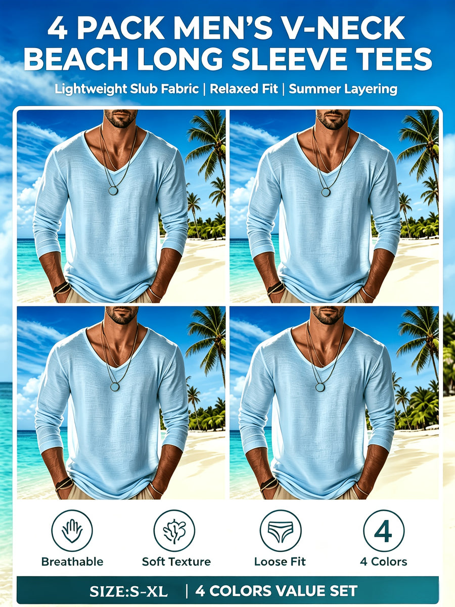 4pcs Set Men's Spring/autumn High-stretch Slim-fit Lightweight Comfortable Breathable Solid Color Long-sleeve Vacation-style Top - Blue 4