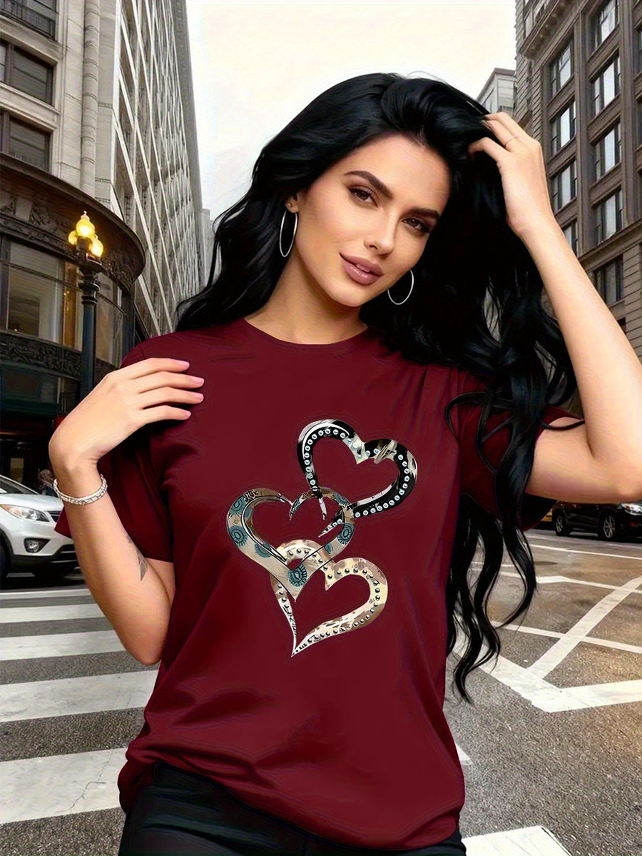 Emotion and Love" Representative, Metallic Art Heart Print Trendy Fashion, Simple Round Neck Casual Versatile Short Sleeve Women's T-Shirt for Leisure, Travel, and Vacation - Red