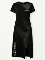 Two Logo Midi Dress with Side Slit - Stylish And Comfortable for Women - Black