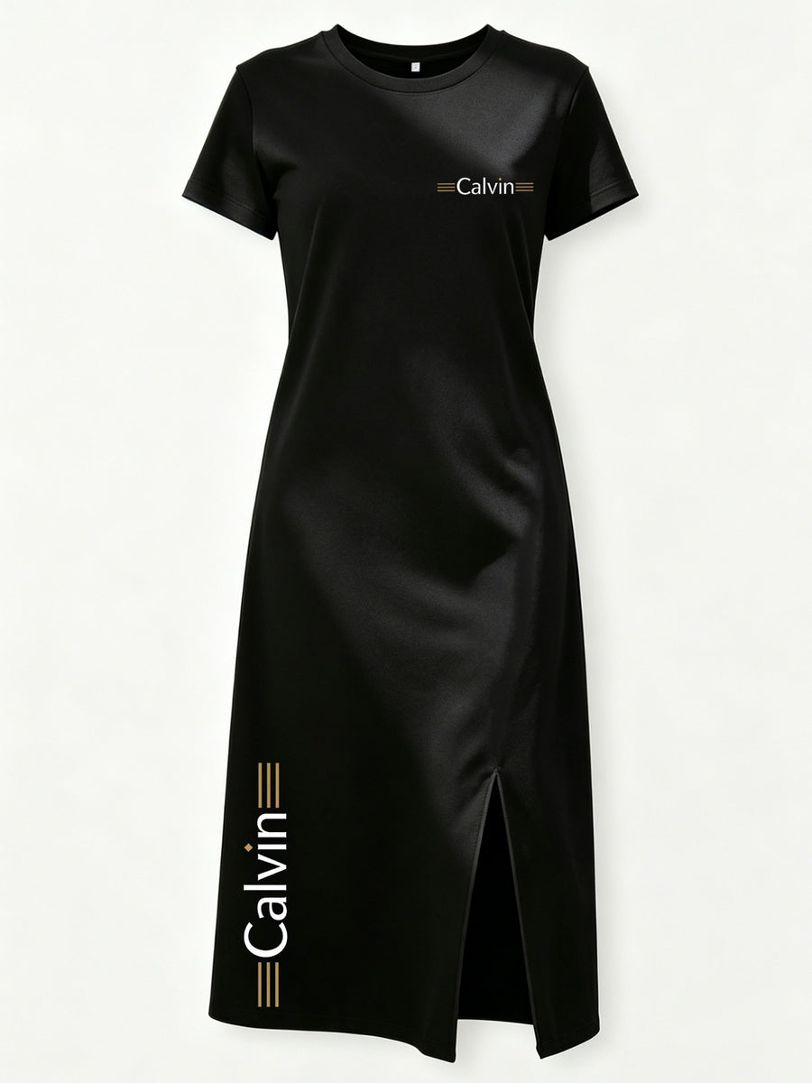 Two Logo Midi Dress with Side Slit - Stylish And Comfortable for Women - Black