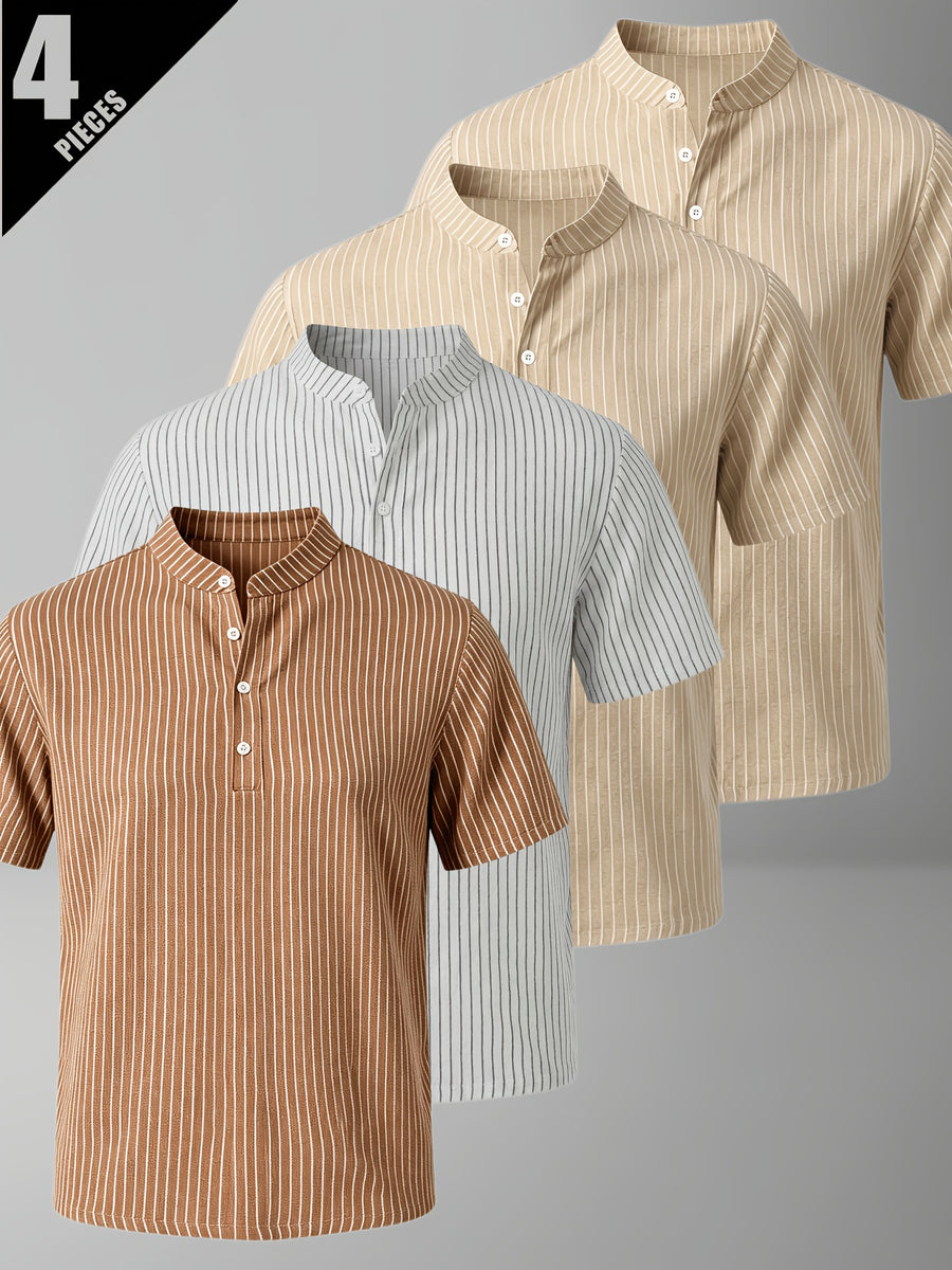 4pcs Men'S Casual Striped Linen Blend Henley Shirts, Breathable Short Sleeve Summer Tops, Suitable for Daily, Beach, And Vacation - Mixed Color 8