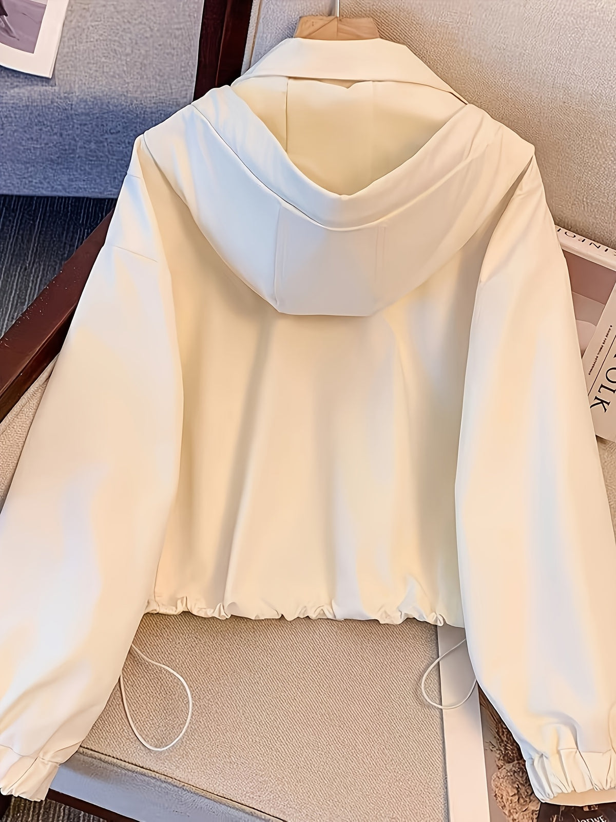 Women'S Spring Autumn New Niche Design Hooded Zip-Up Jacket, Style Drawstring Long Sleeve Casual Jacket Top - White