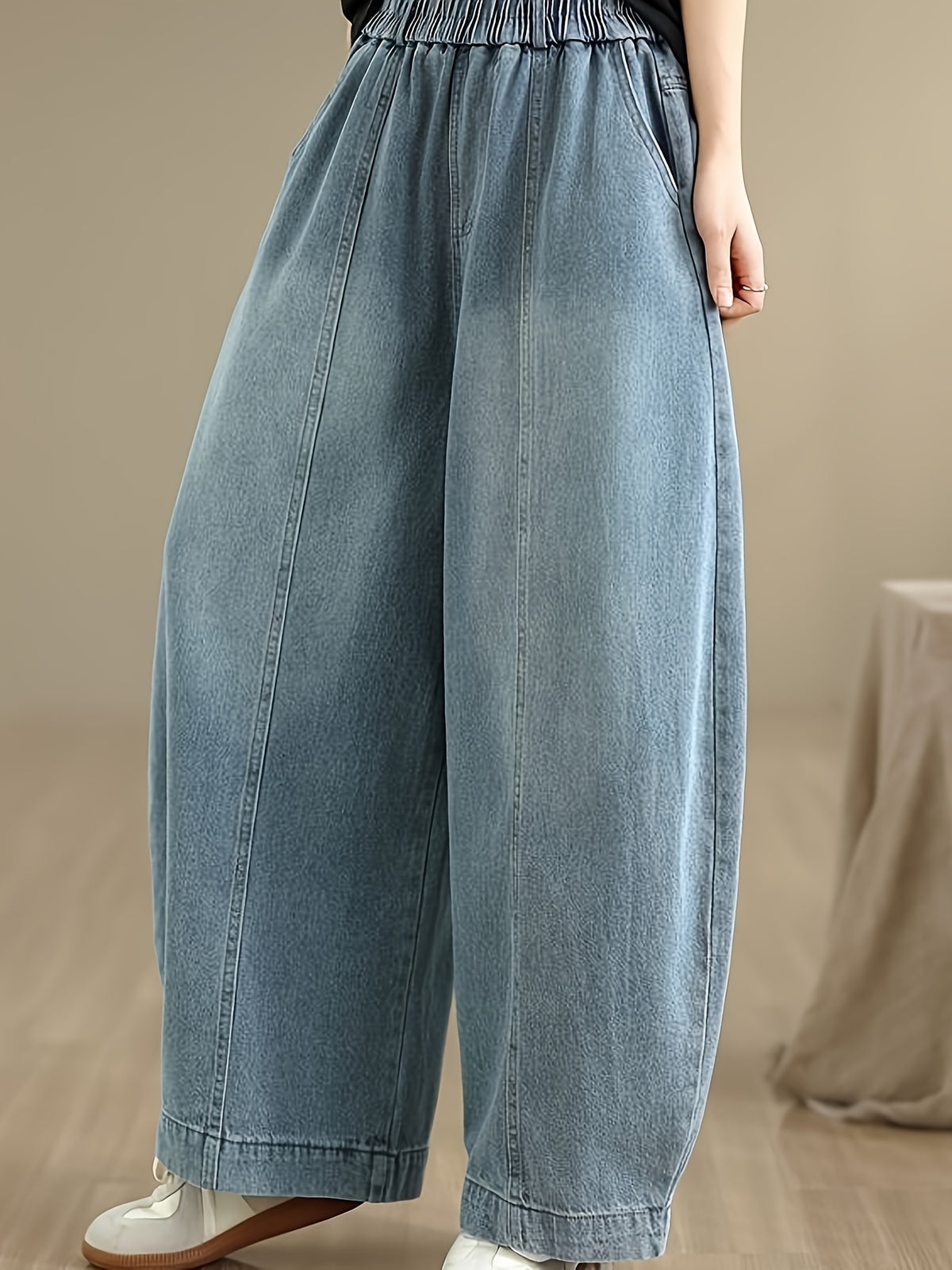 Women'S Minimalist Denim Harem Pants, Elastic Waist Plus Size, Loose Slim-Fit Casual Wide Leg Jeans - Light Cyan