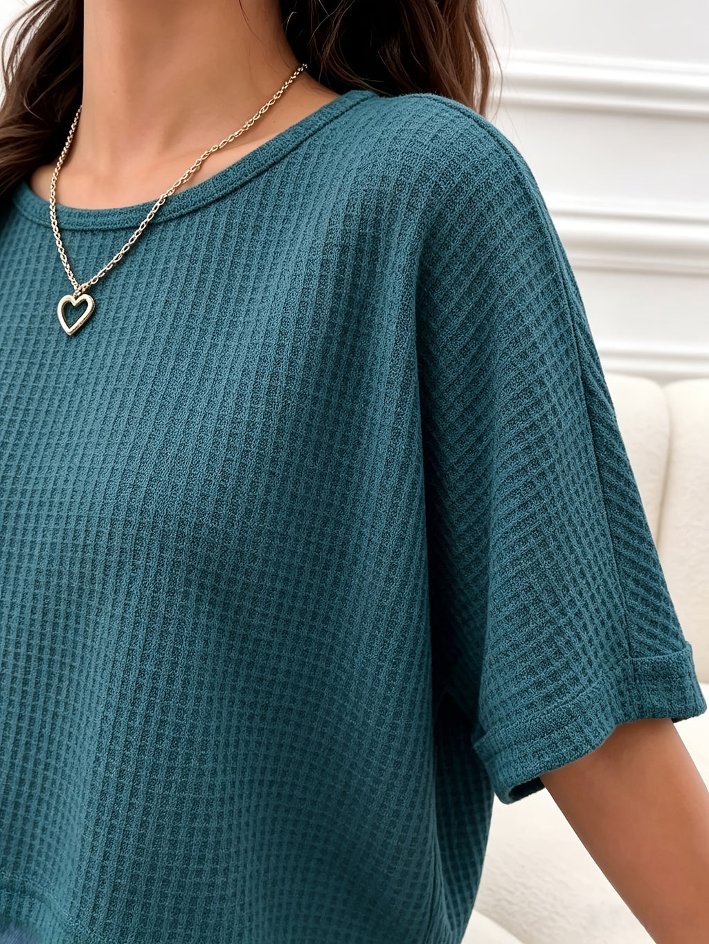 Women's Casual Loose-Fit Waffle Short Crop Crew Neck Short Sleeve T-Shirt for Daily Commuting - Dark Cyan