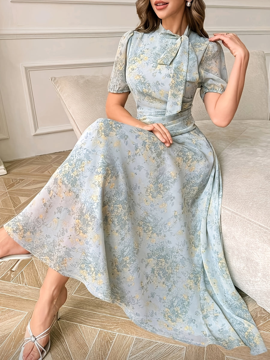 Women'S Dress, Fashion Stand Collar Tie-String Holiday Long Dress, Elegant Printed Fitted Short Sleeve Dress - Light Cyan