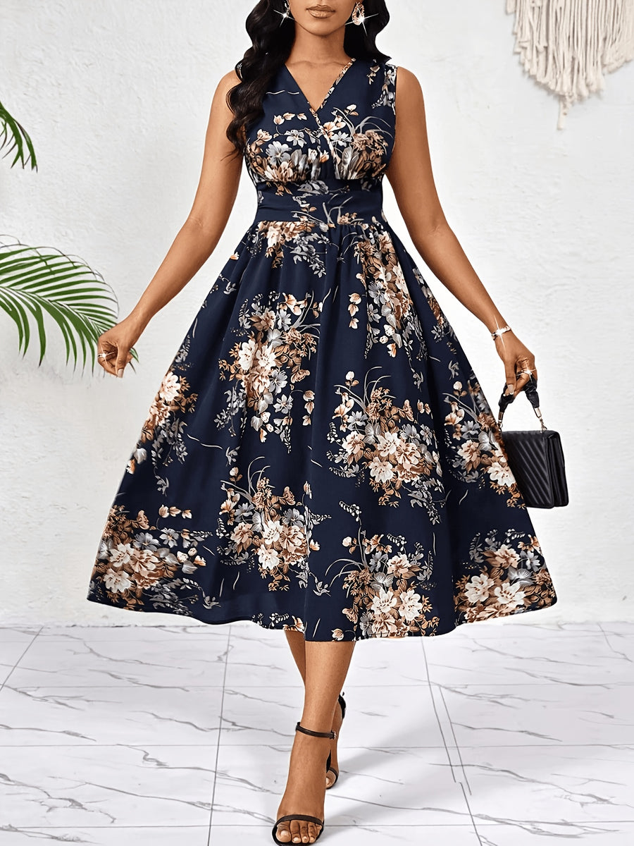 Summer Elegant Women'S Printed Sleeveless Dress, Casual Comfortable Easy Mid-Length Skirt for Summer, Temperament Outing Fashion Dress Women'S Clothing - Navy blue color