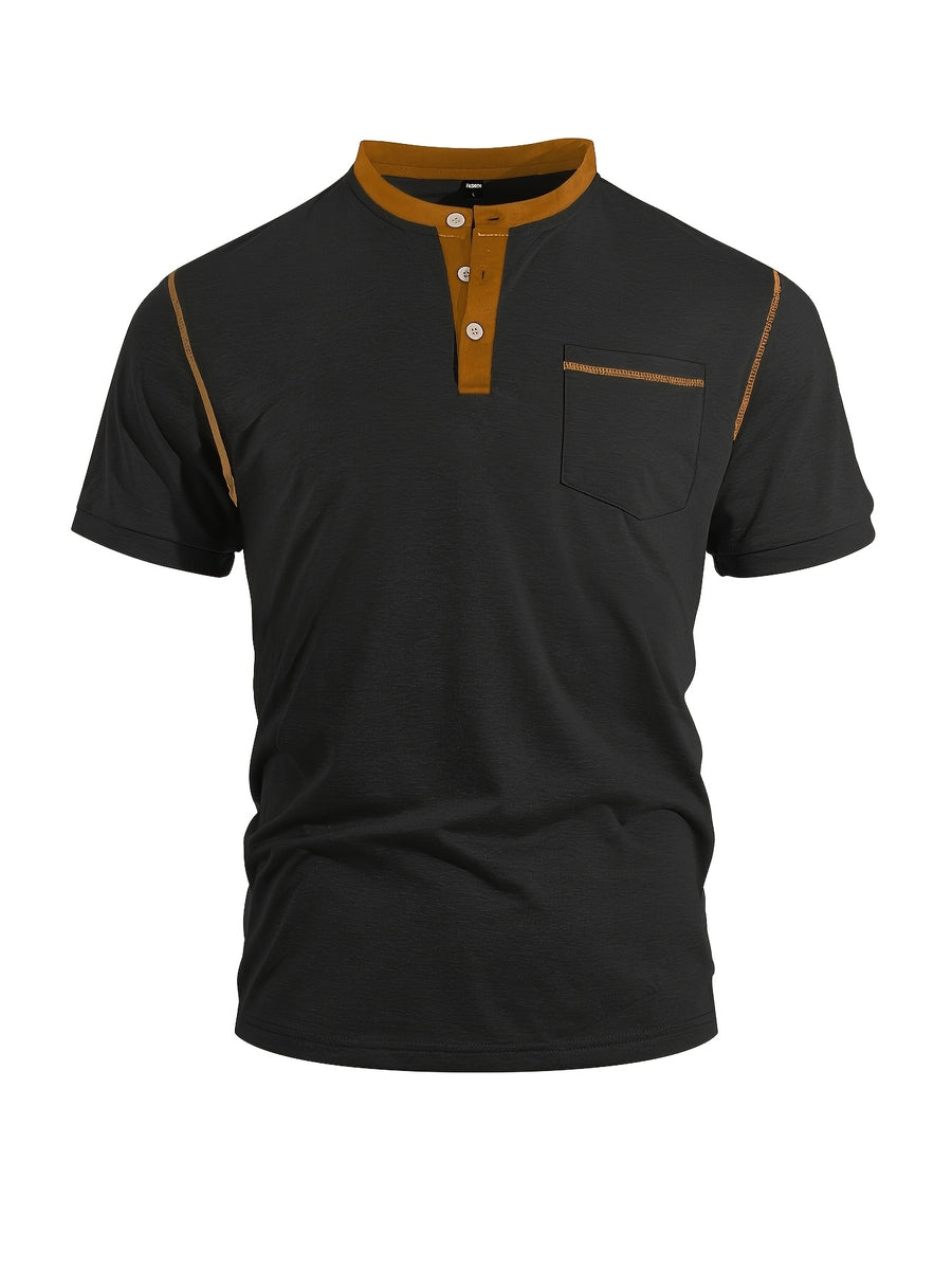 Men'S Spring Summer New Light Luxury Color-Block Henley Collar Short Sleeve T-Shirt, Half-Button 3-Button American Retro Top, High-Stretch Soft And Skin-Friendly Fabric, Breathable And Comfortable - Black