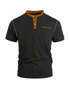 Men'S Spring Summer New Light Luxury Color-Block Henley Collar Short Sleeve T-Shirt, Half-Button 3-Button American Retro Top, High-Stretch Soft And Skin-Friendly Fabric, Breathable And Comfortable - Black