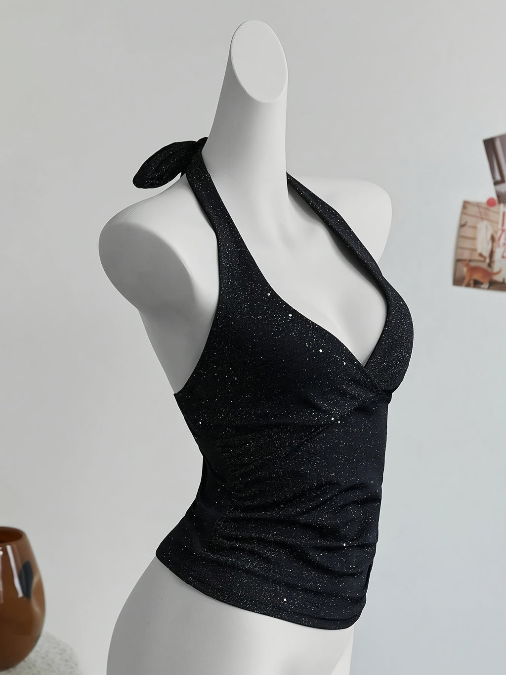 Fashion Shiny Cross-Back Halter Neck Crop Top ZLLZ - Black