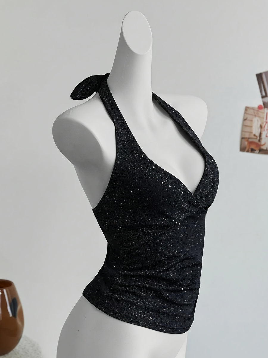 Fashion Shiny Cross-Back Halter Neck Crop Top ZLLZ - Black