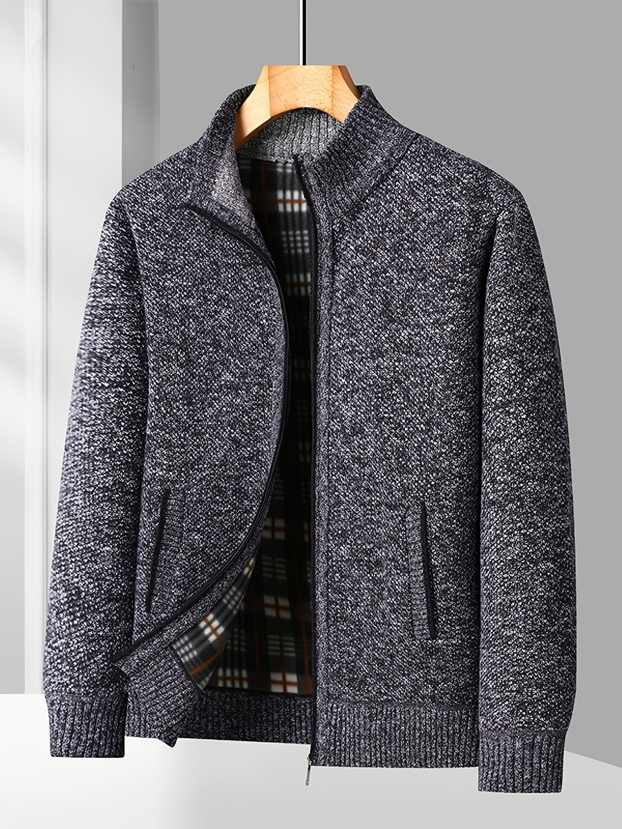 Easy And Casual Men'S Thick Knitted Cardigan, Autumn And Winter Stand Collar Zipper Top Classic Basic Style with Practical Double-Sided Pockets, Basic Style for Daily Wear of Young And Middle-Aged People - Dark Gray
