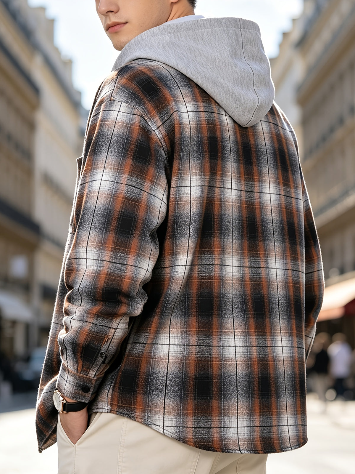Men'S Hooded Plaid Shirt Jacket, Classic Color-Block Checkered Design, Layered And Practical, Loose Drop Shoulder Fit, Easy And Elegant Chest Pocket Detail, Suitable for Spring/Autumn Daily Commute, Casual Outings, And Dates - Huang Haige