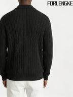 FORLENGKE Men'S Stand Collar Zip-Up Knit Jacket, Autumn And Winter Retro Cable Knit Sweater Cardigan, Comfortable Soft Long Sleeve Top, Everyday Commuting Casual Easy Versatile Knitwear in Multiple Colors - Black