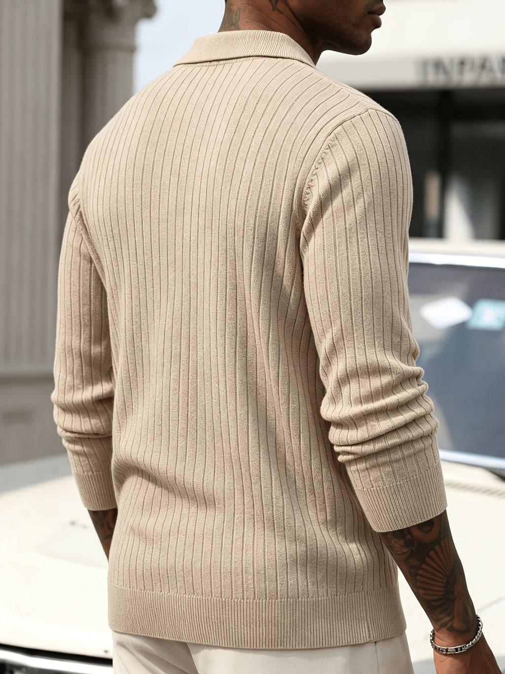 Men's Vertical Striped Knit Cardigan, Lapel Polo Collar Button Long Sleeve Slim Fit Knitted Sweater Jacket for Fall Winter Casual Outwear - Apricot Flower