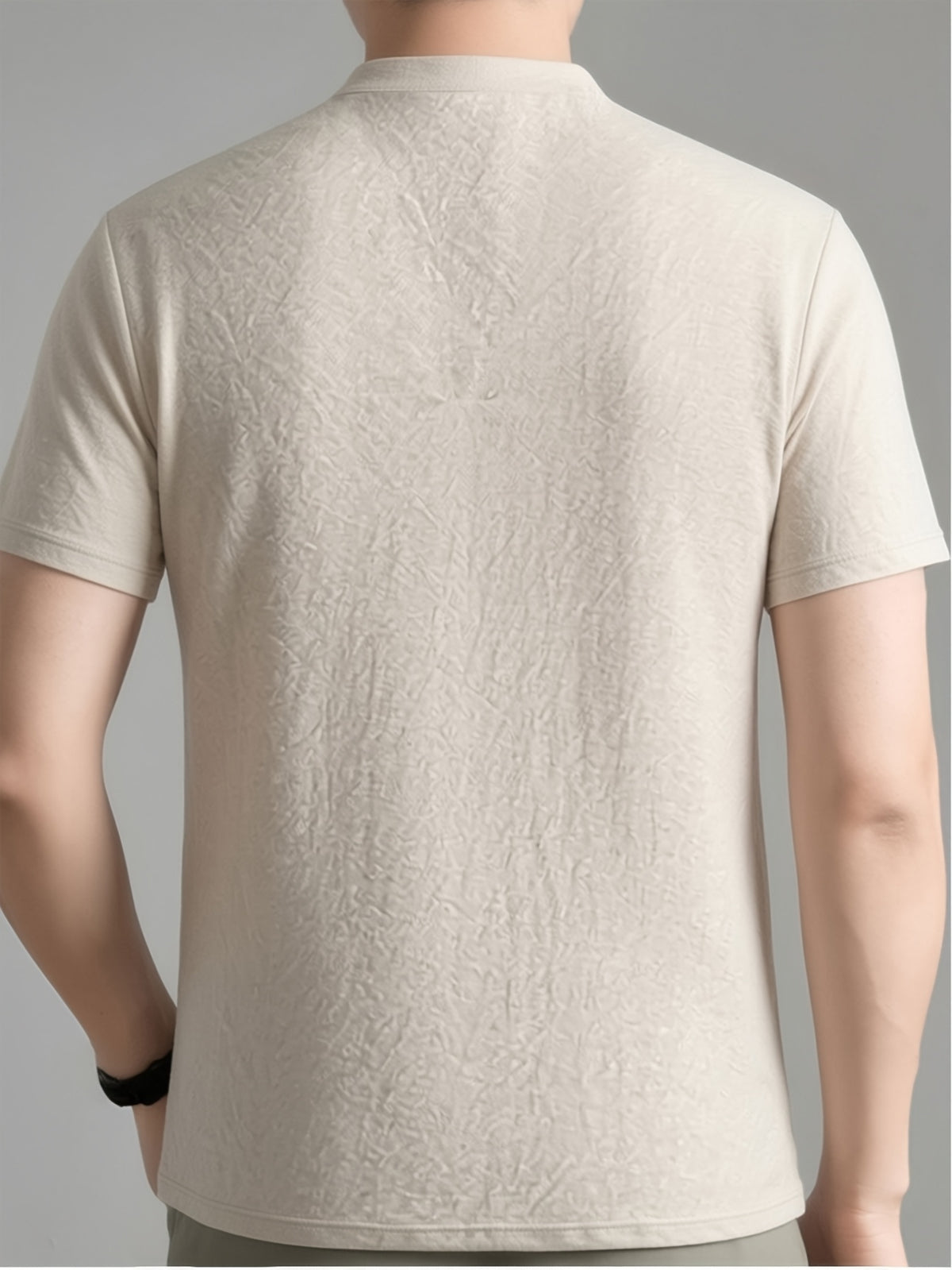 Men's Summer Short-Sleeve T-Shirt, Featuring a Stand-up Collar and Henry Collar Dual Design, with a Comfortable Texture Suitable for Both Business and Casual Wear - Raw Hemp Color