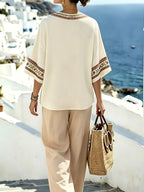 New Summer Bohemian Floral Print V-Neck Batwing Sleeve Casual Vacation Top - Ivory White
